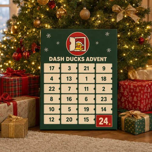 Dash Ducks Advent calendar under a Christmas tree with gifts