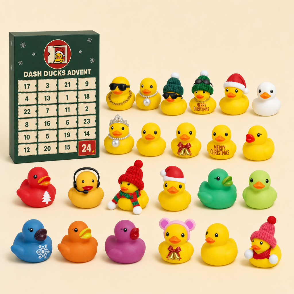 Dash Ducks Advent calendar box beside 24 Christmas rubber ducks